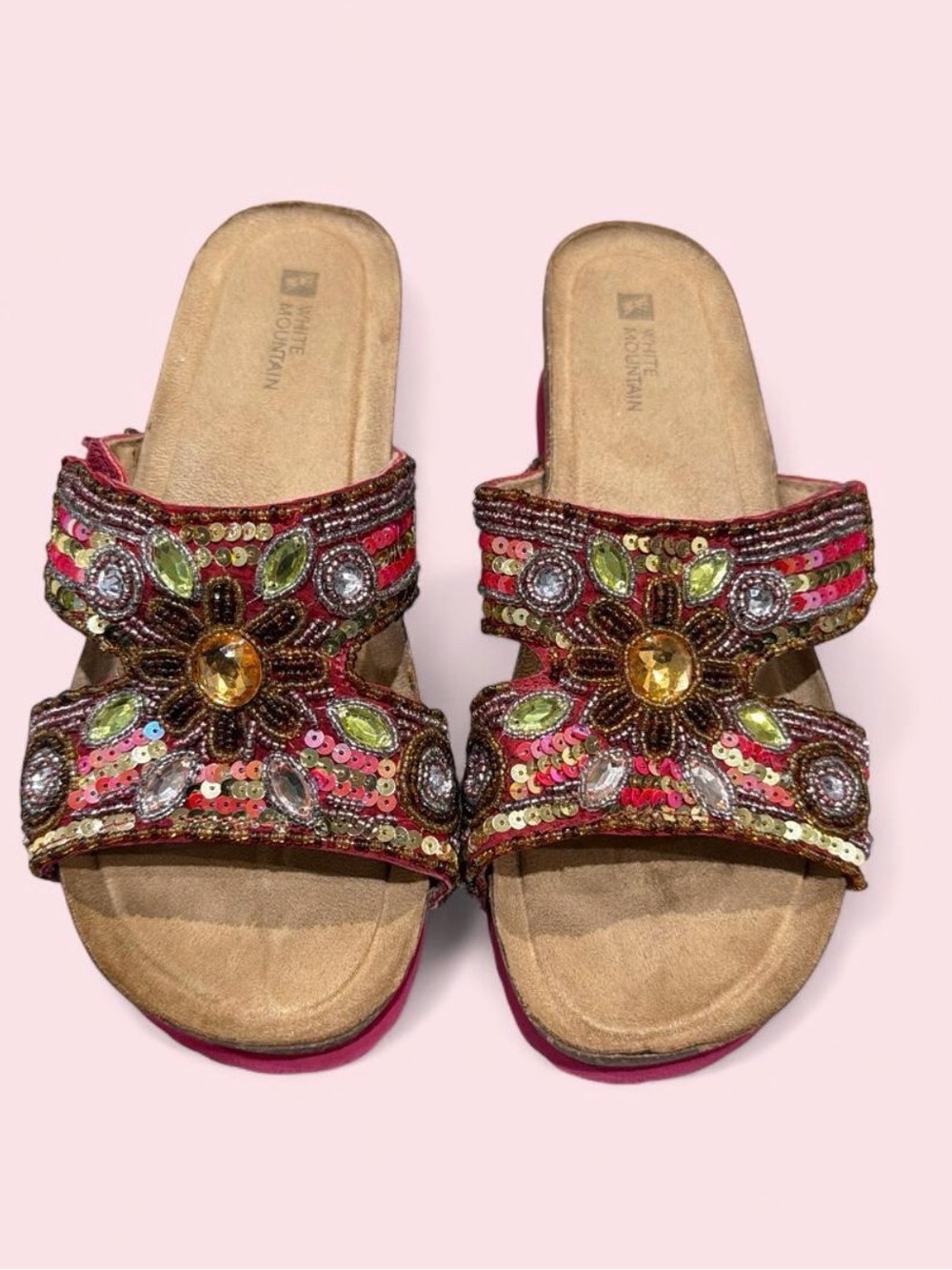 White Mountain Beaded Floral Embellished Slide Wedge Platform Sandals